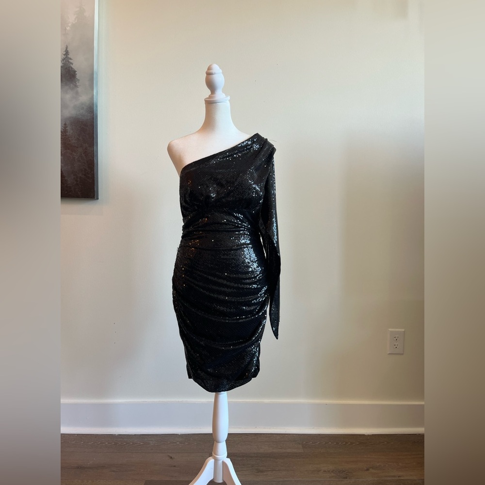 Black Sequin One Shoulder Cocktail Dress